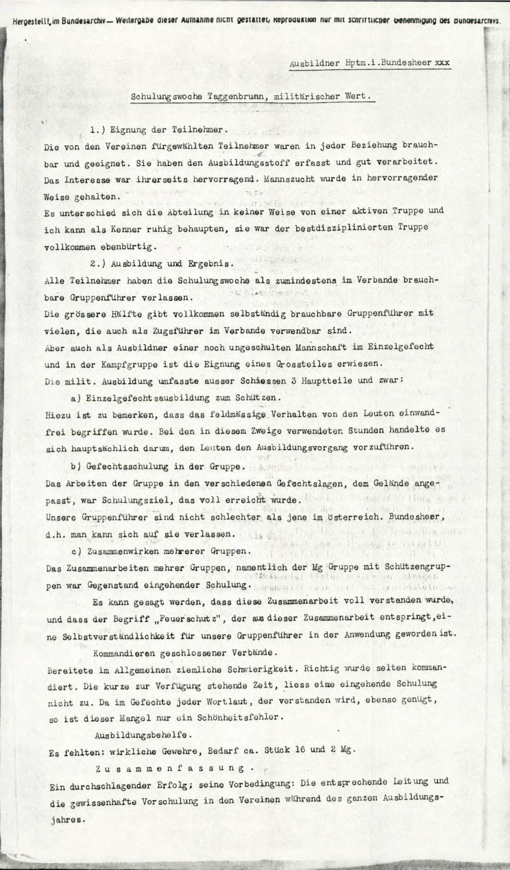 Schulungswoche Taggenbrunn, militärischer Wert