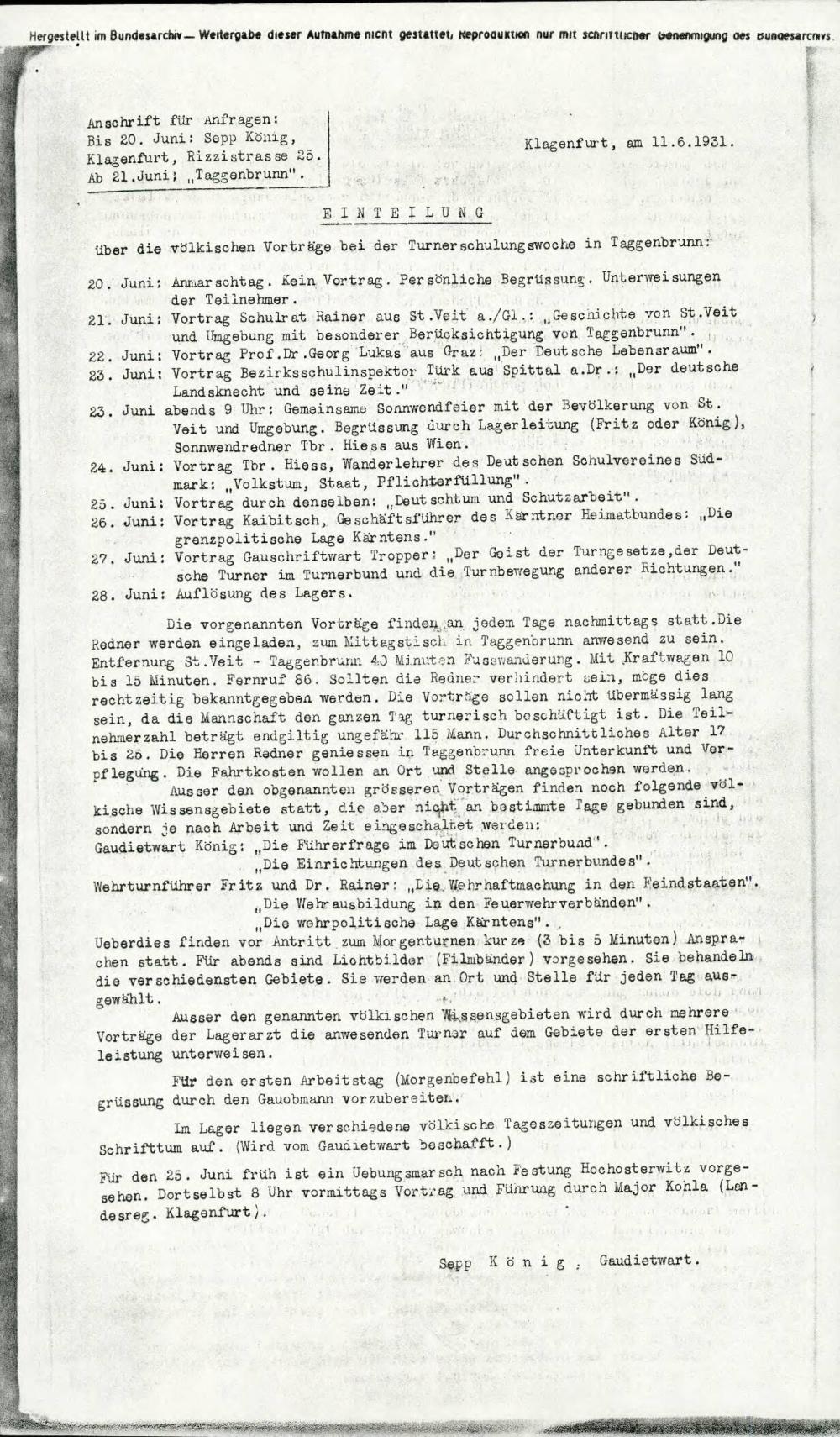 Einteilung über die völkischen Vorträge bei der Turner Schulungswoche in Taggenbrunn