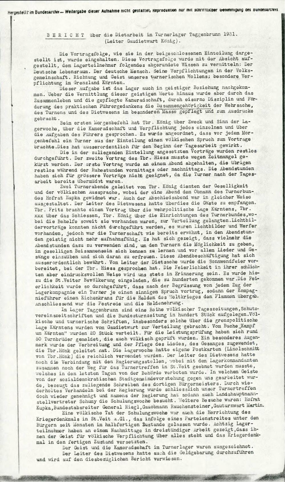 Bericht über die Dietarbeit im Turnerlager Taggenbrurm 1931