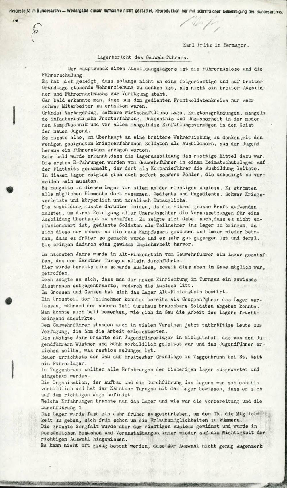 Lagerbericht des Gauwehrführers