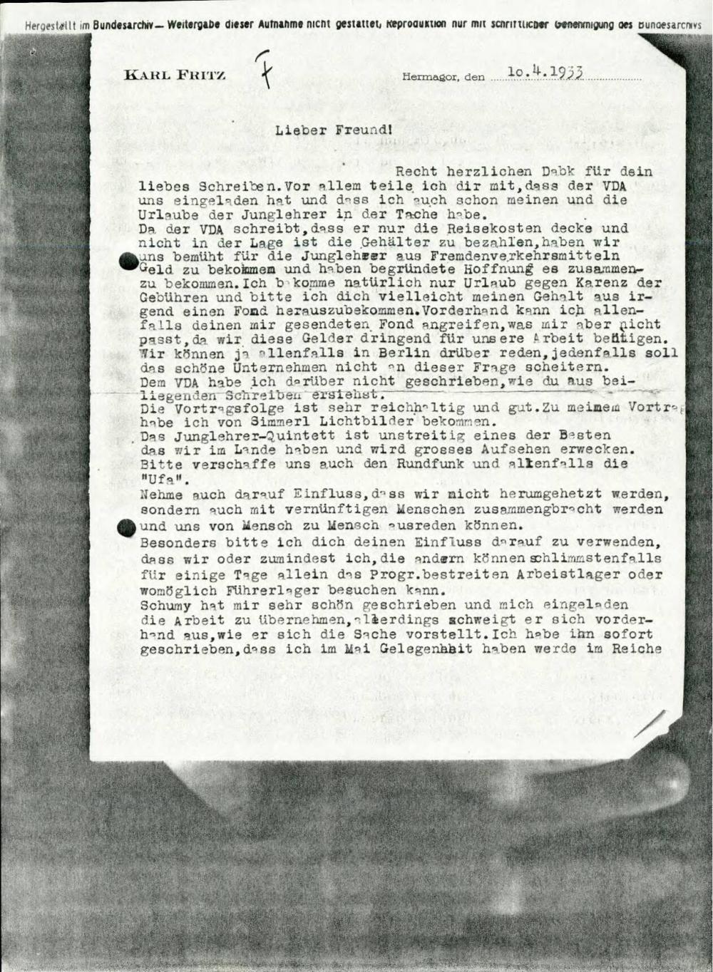 Dopis o predavanju Verein für Deutsche Kulturbeziehungen im Ausland