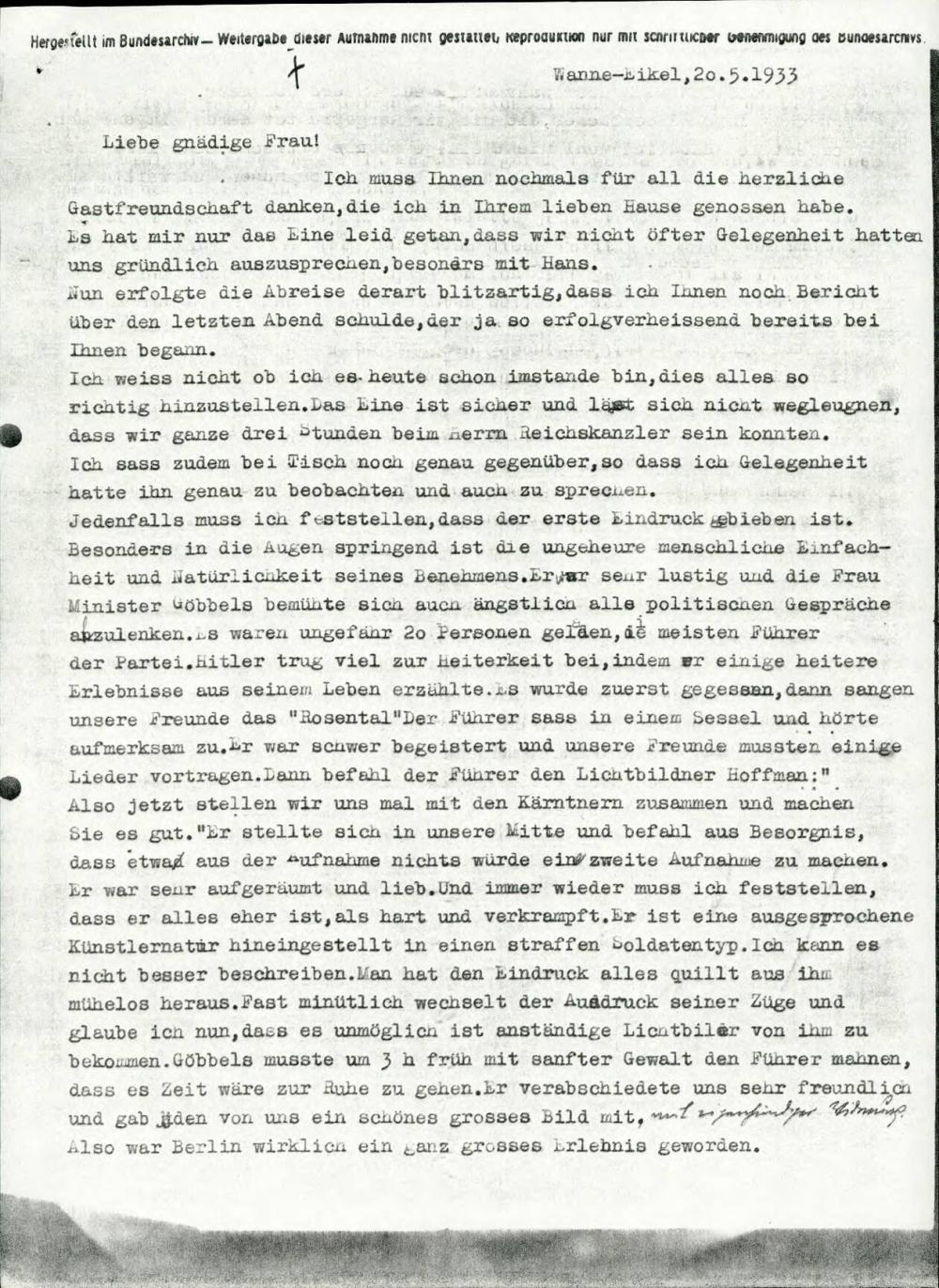 Dopis z opisom srečanja z Adolfom Hitlerjem