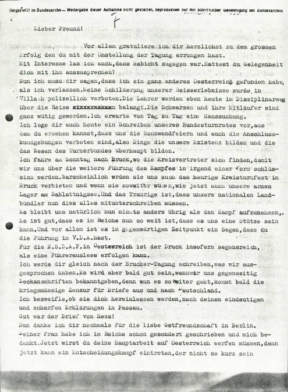 Dopis o dogajanju in političnih razmerah v Avstriji in na Koroškem