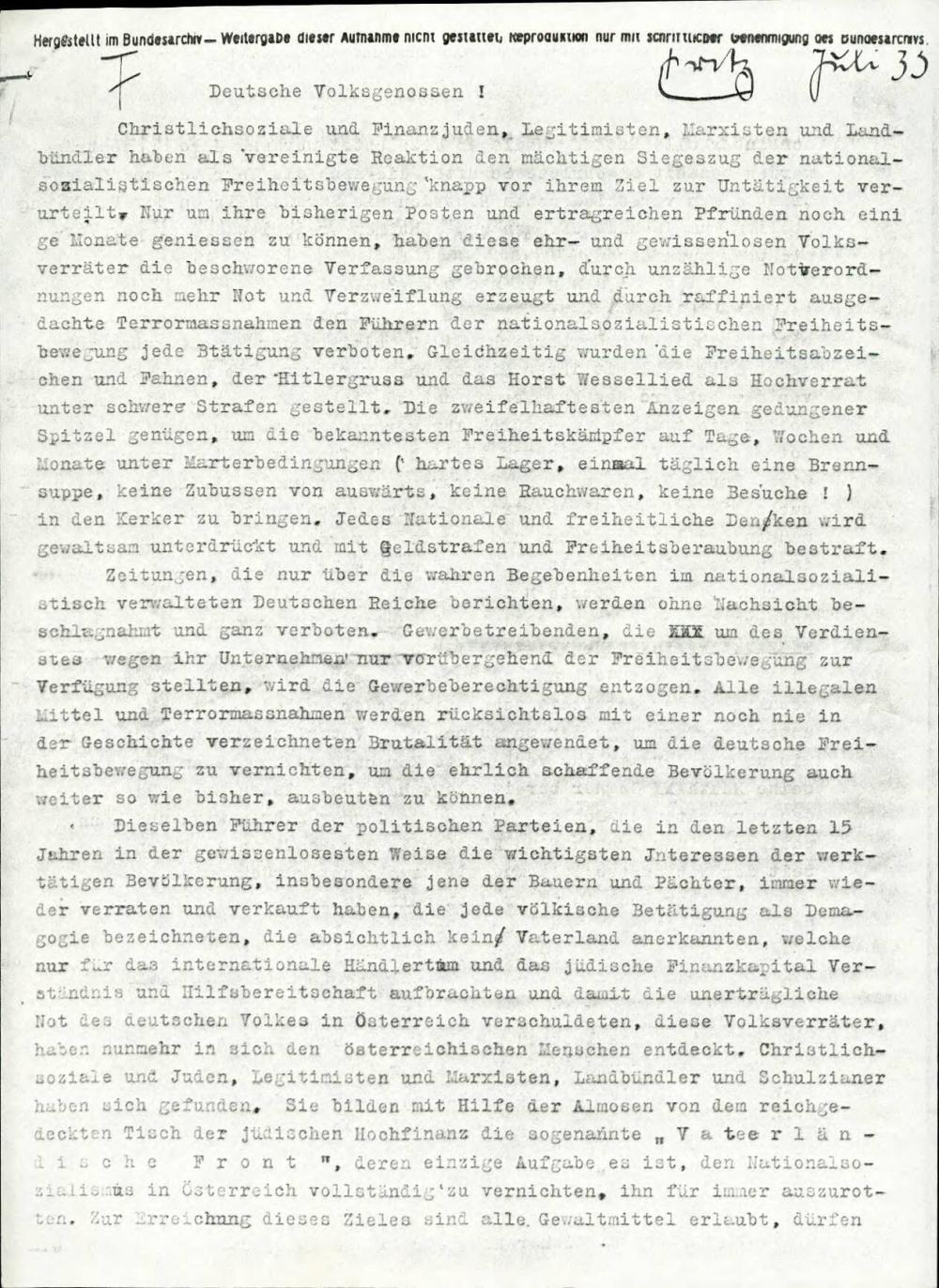 Dopis z opisom političnih razmer in nacizma v Avstriji