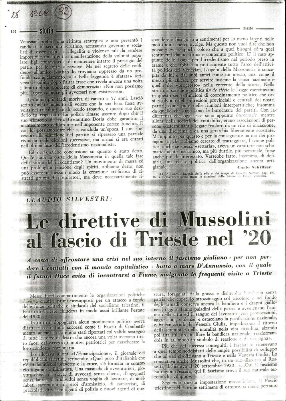 Claudio Silvestri: Le direttive di Mussolini al fascio di Trieste nel '20
