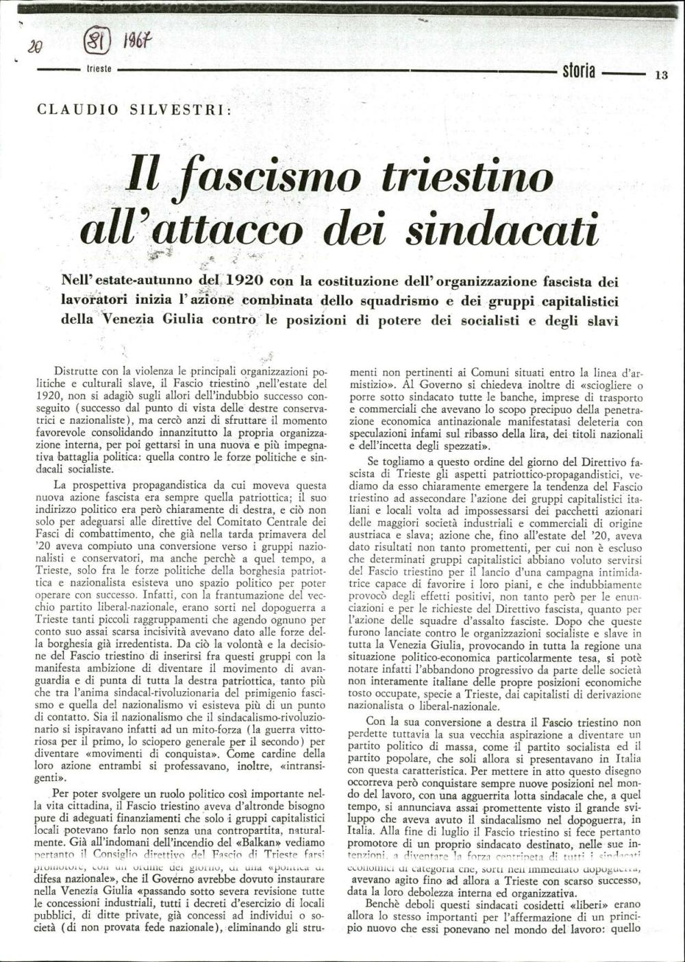 Claudio Silvestri: II fascismo triestino all'attacco dei sindacati