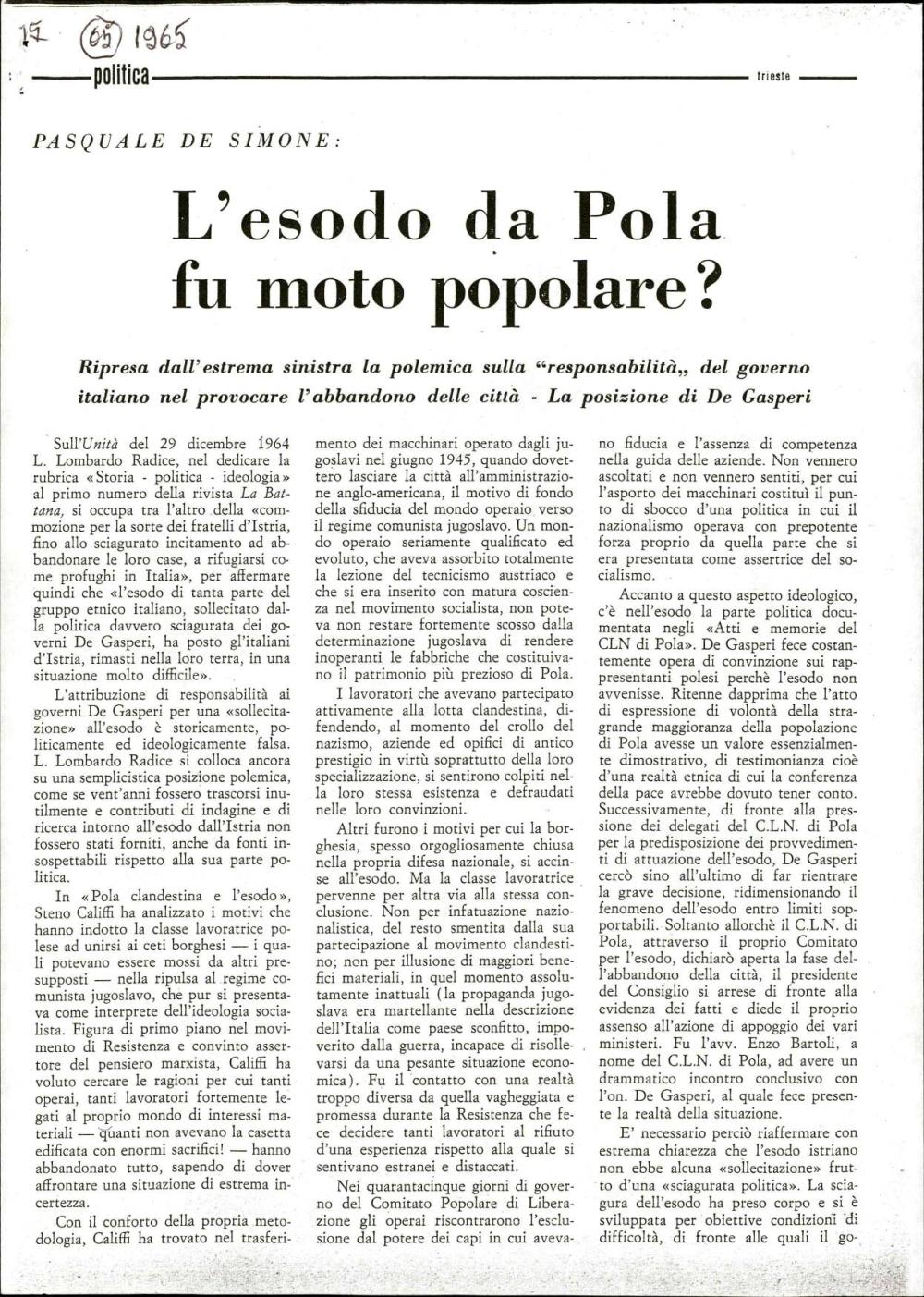 L’esodo da Pola fu moto popolare?