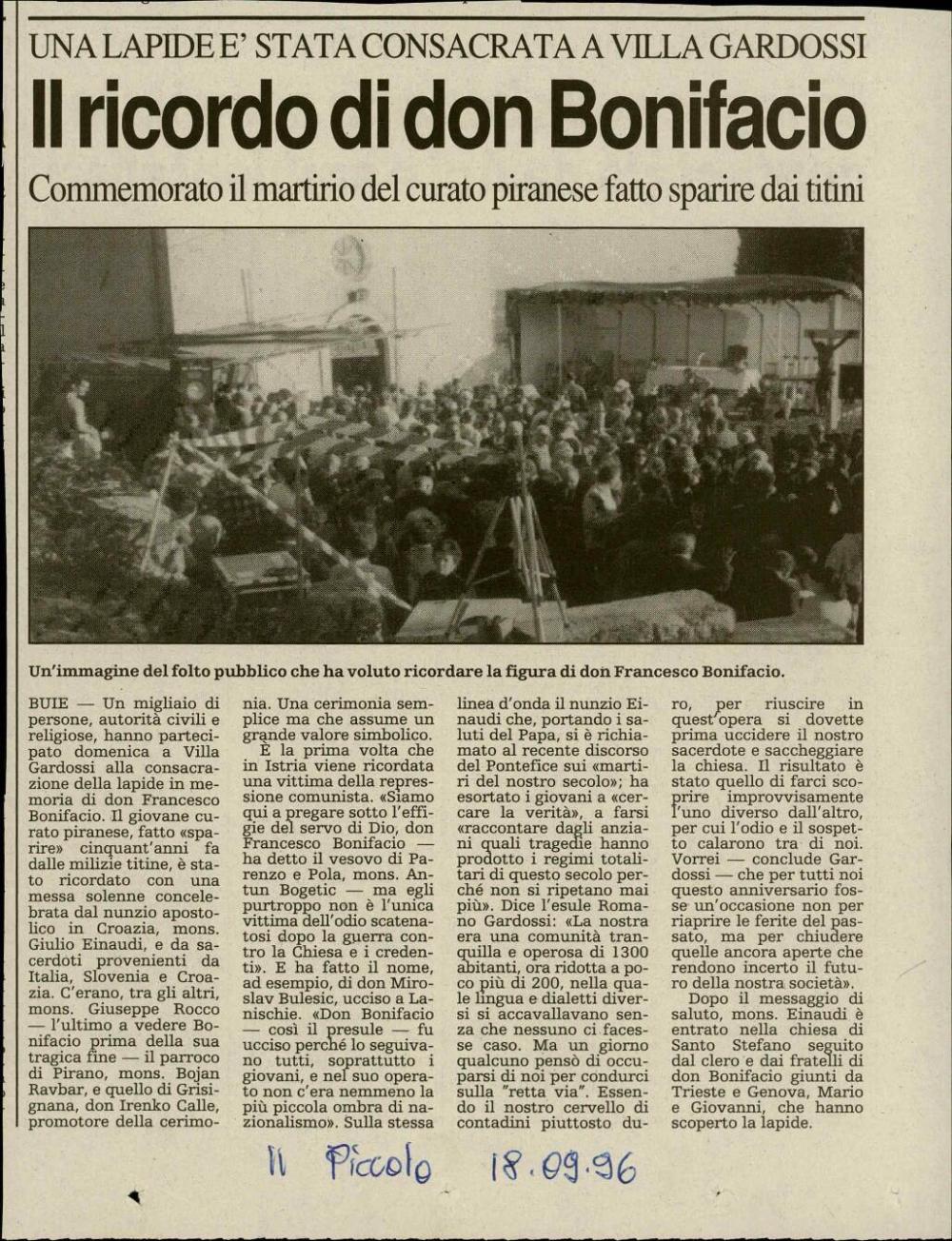 Una lapide è stata consacrata a Villa Gardossi: Il ricordo di don Bonifacio: Commemorato il martirio del curato piranese fatto sparire dai titini