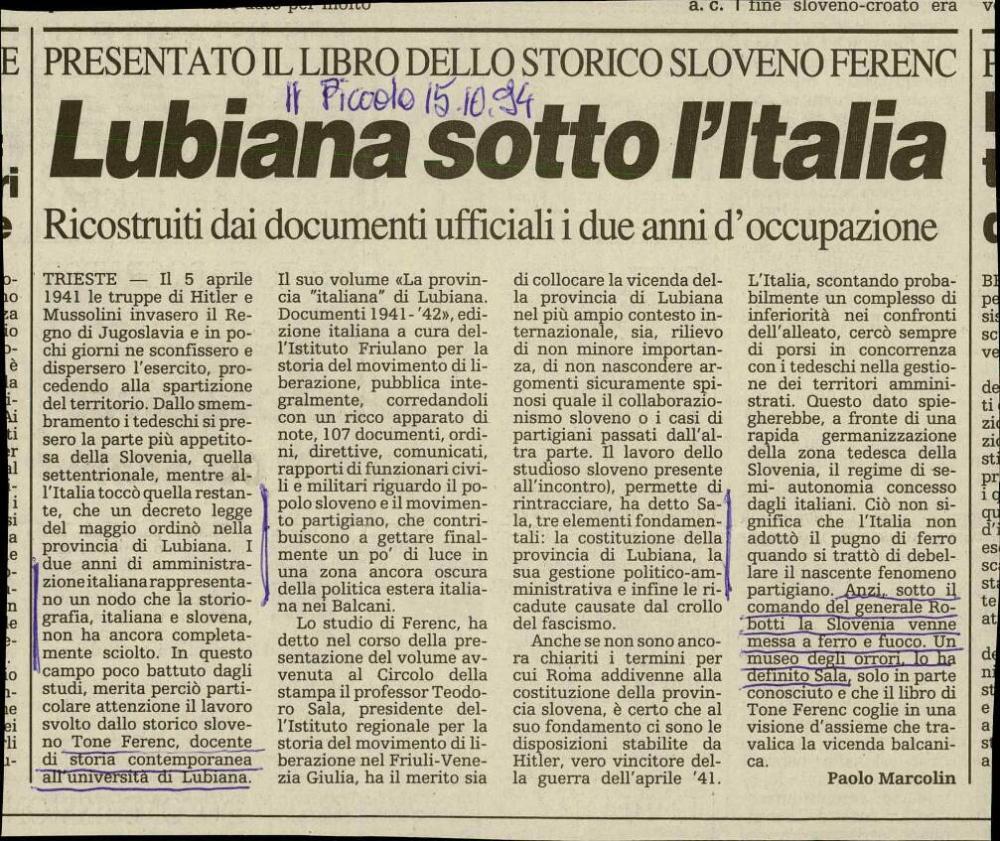 Lubiana sotto l’Italia: Ricostruiti dai documenti ufficiali i due anni d’occupazione