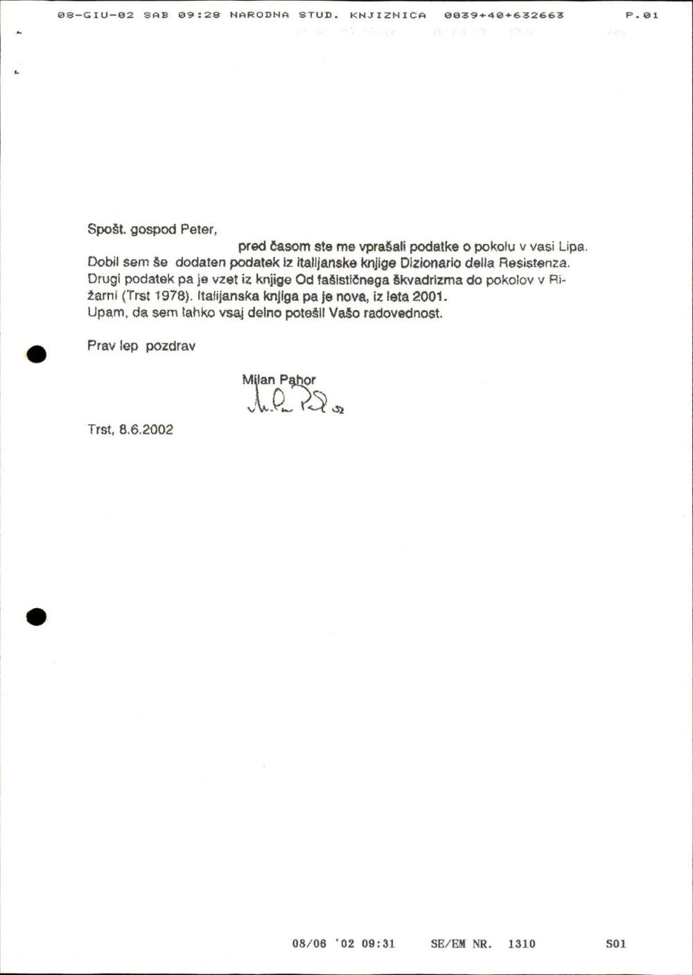 Pismo gospodu Petru, podpisan Milan Pahor