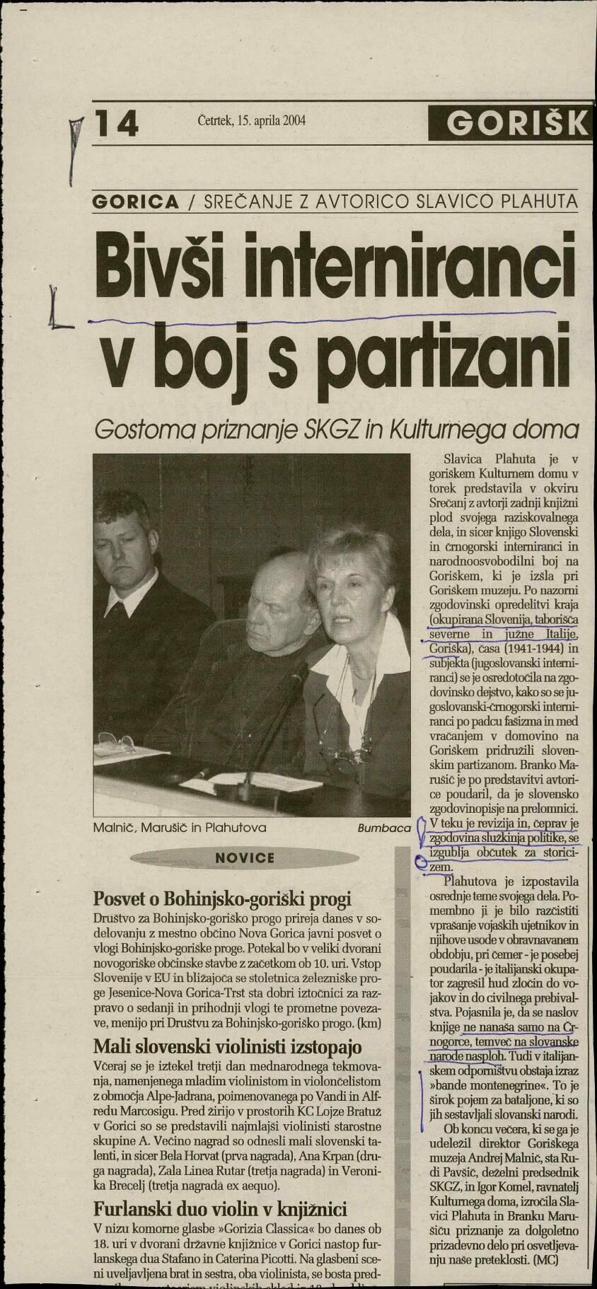 Bivši interniranci v boj s partizani: Srečanje z avtorico Slavico Plahuta: Gostoma priznanja SKGZ in Kulturnega doma