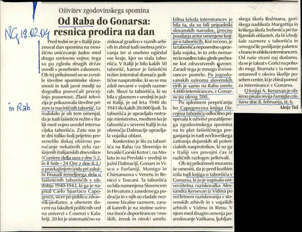 Od Raba do Gonarsa: resnica prodira na dan : v Italiji: oživitev zgodovinskega spomina