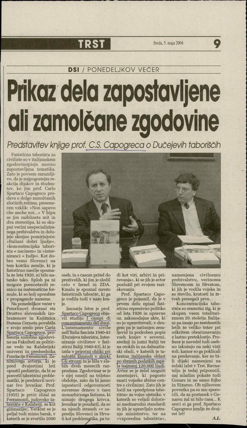 Prikaz dela zapostavljene ali zamolčane zgodovine: Predstavitev knjige prof. C. S. Capogreca o Dučejevih taboriščih