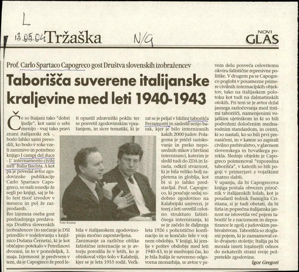 Taborišča suverene italijanske kraljevine med leti 1940-1943: Prof. Carlo Spartaco Capogreco gost Društva slovenskih izobražencev