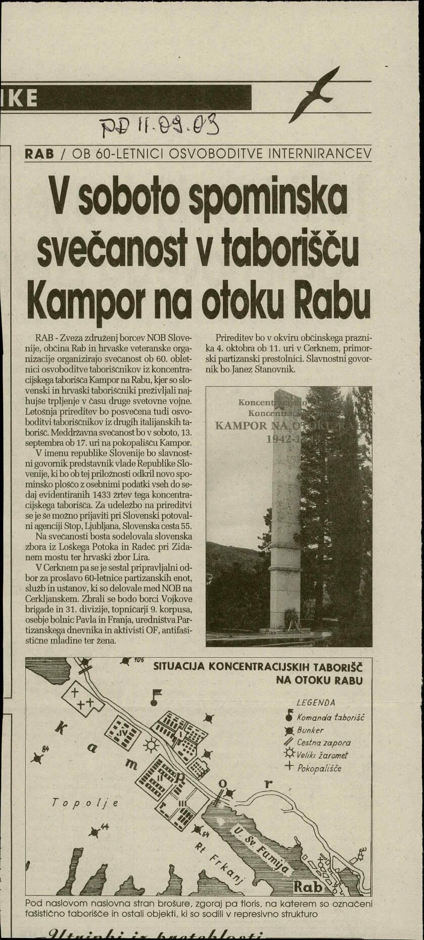 V soboto spominska svečanost v taborišču Kampor na otoku Rabu: Ob 60-letnici osvoboditve internirancev