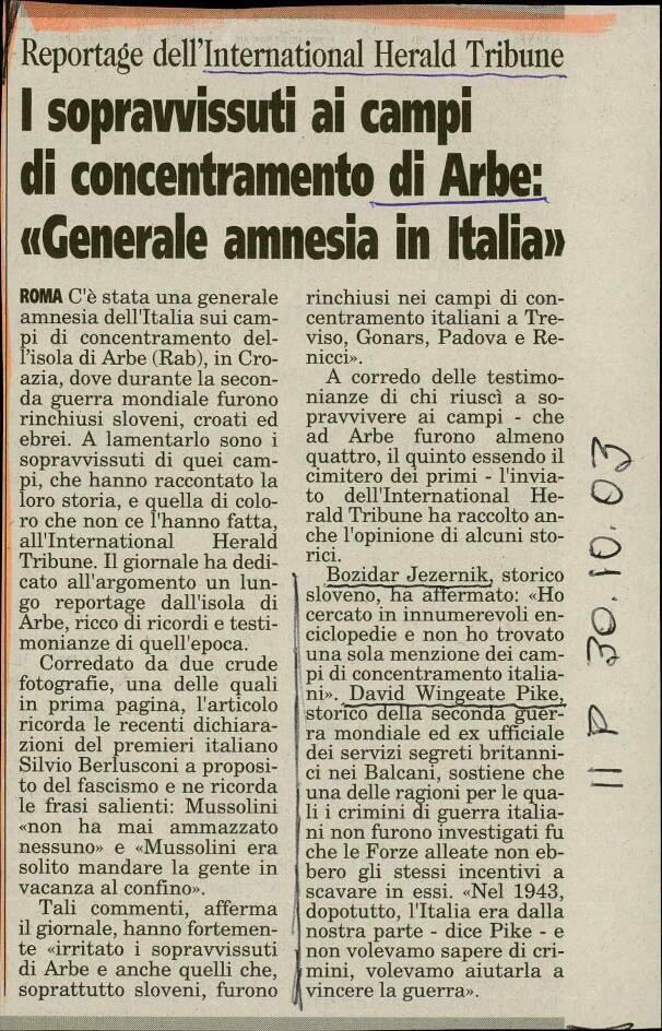 I sopravvissuti ai campi di concentramento di Arbe: «Generale amnesia in Italia»:  Reportage dell'International Herald Tribune
