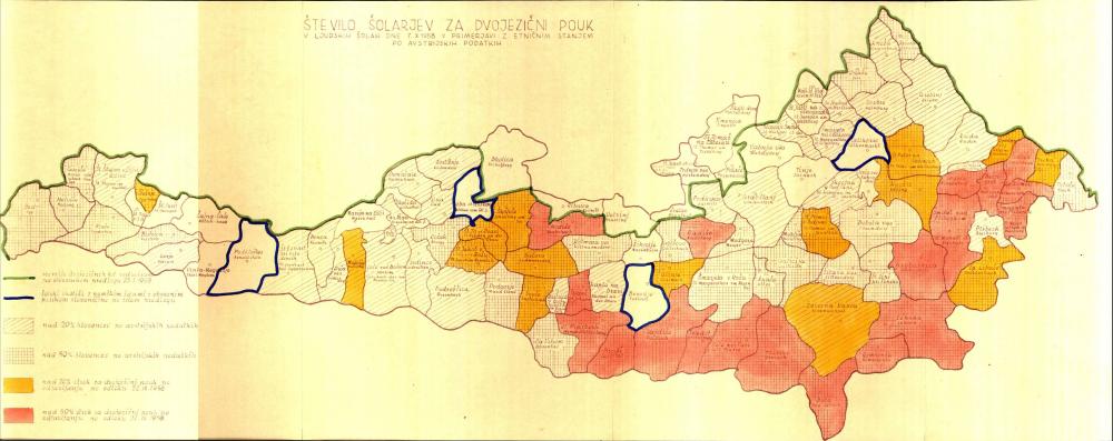 Število Šolarjev za dvojezični pouk  v ljudskih šolah dne 7. X. 1958 v primerjavi z etničnim stanjem po avstrijskih podatkih