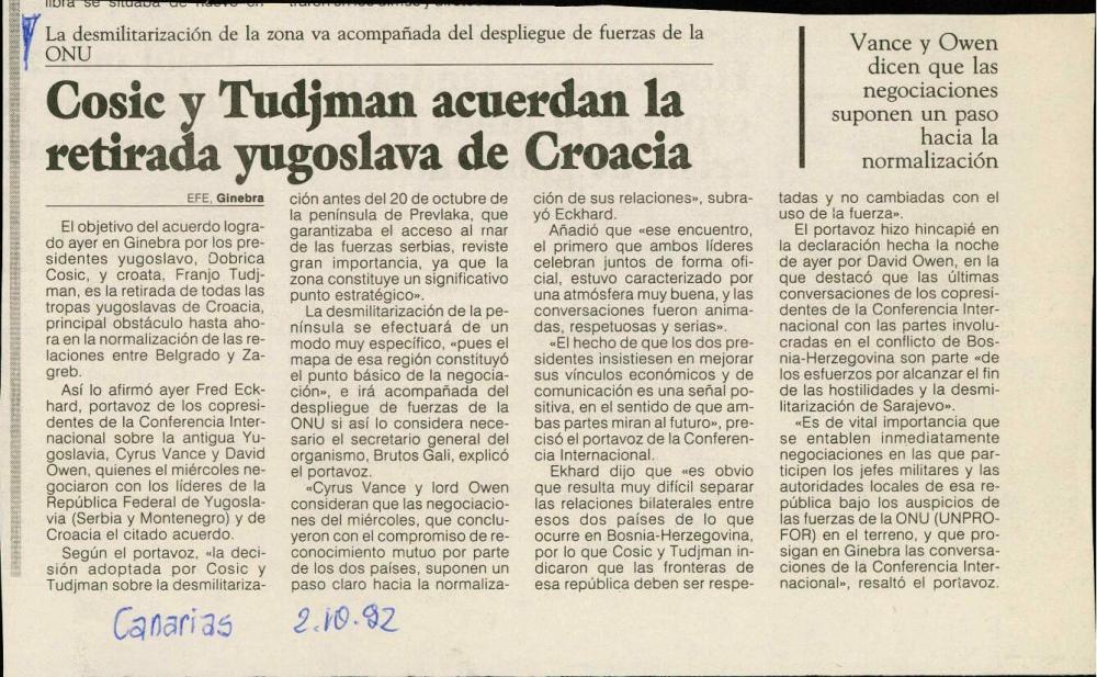 Cosic y Tudjman acuerdan la retirada yug... - nosilna