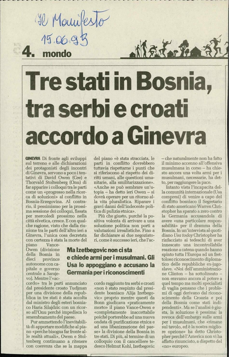 Tre stati in Bosnia, tra serbi e croati accordo a Ginevra