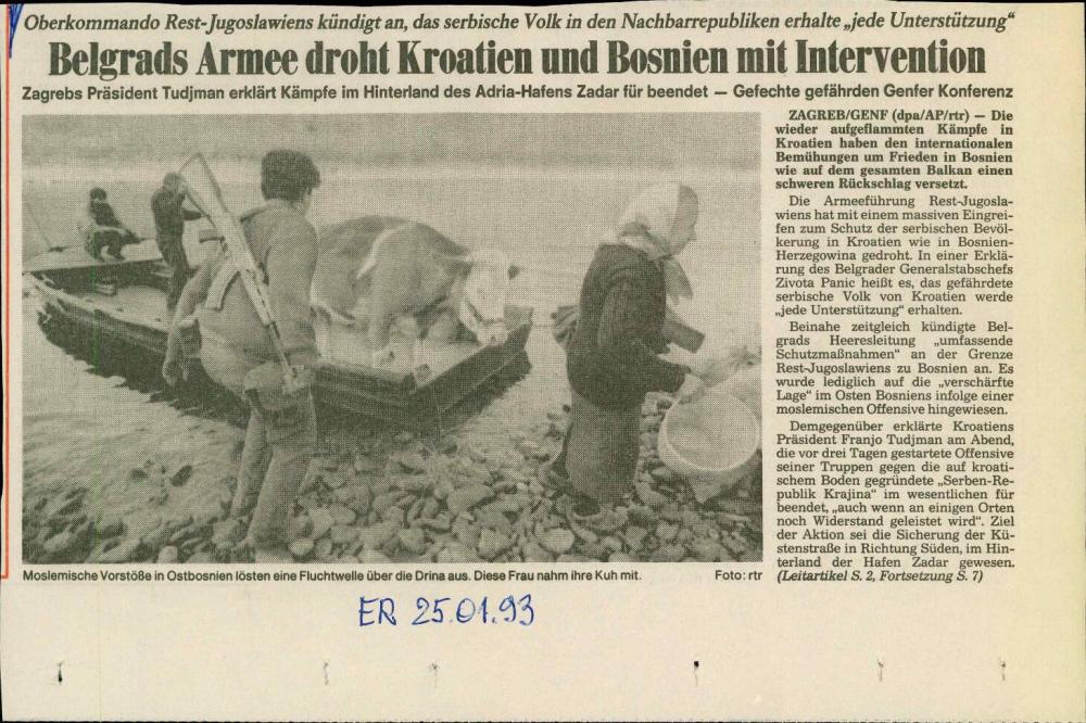 Belgrads Armee droht Kroatien und Bosnien mit Intervention