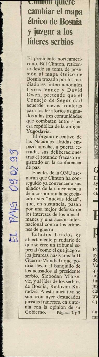 Clinton quiere cambiar el mapa étnico de Bosnia  y juzgar a los líderes serbios