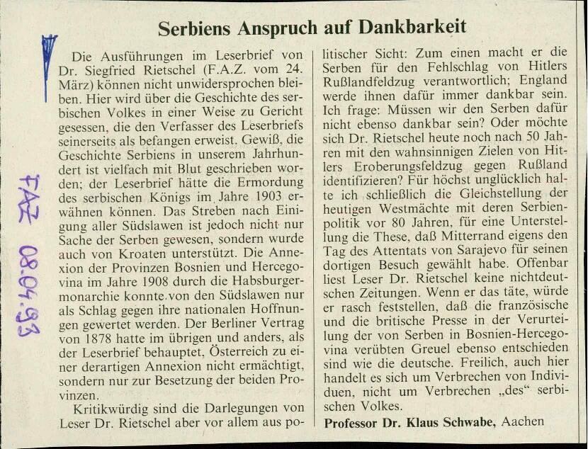 Serbiens Anspruch auf Dankbarkeit - nosilna