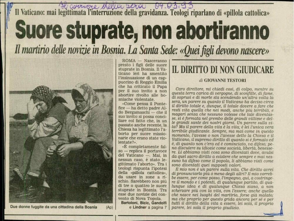 Suore stuprate, non abortiranno