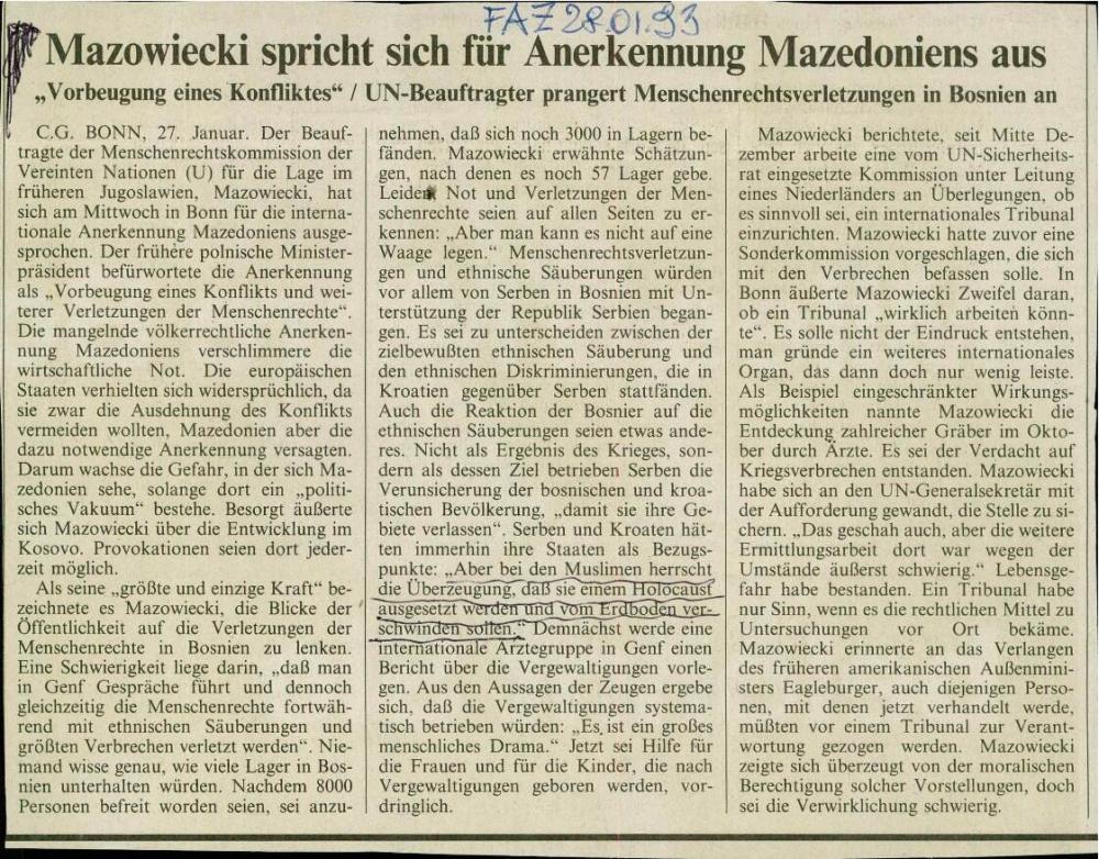 Mazowiecki spricht sich für Anerkennung Mazedoniens aus