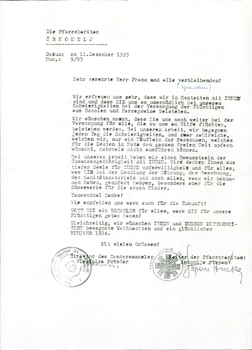 Zahvala za sodelovanje pri humanitarni pomoči beguncem v Bosni in Heregovini