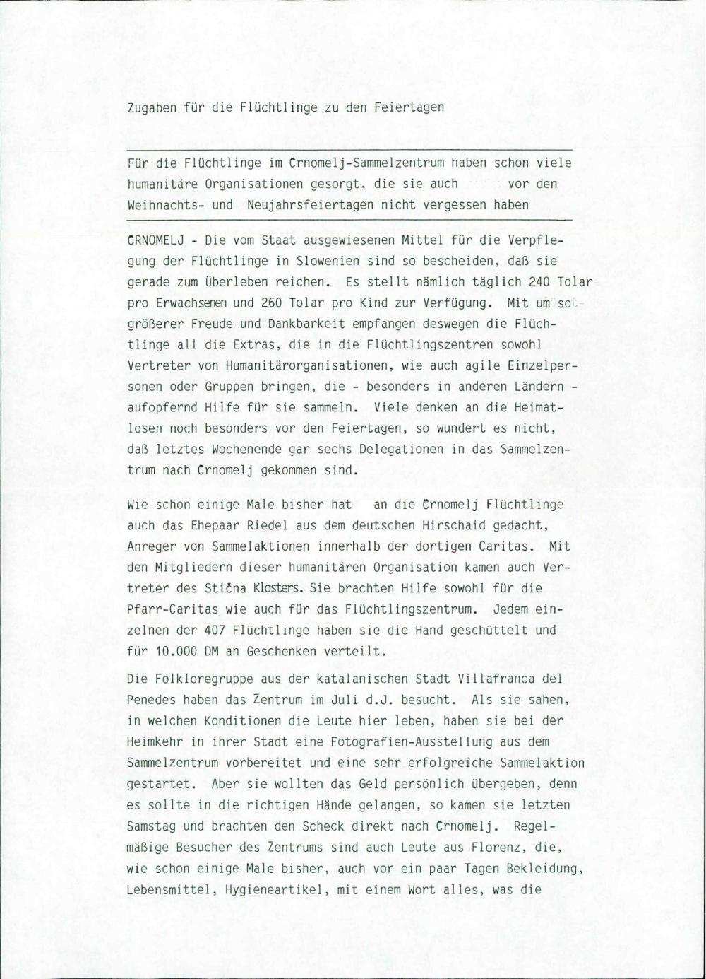 [Für die Flüchtlinge im Crnomelj]