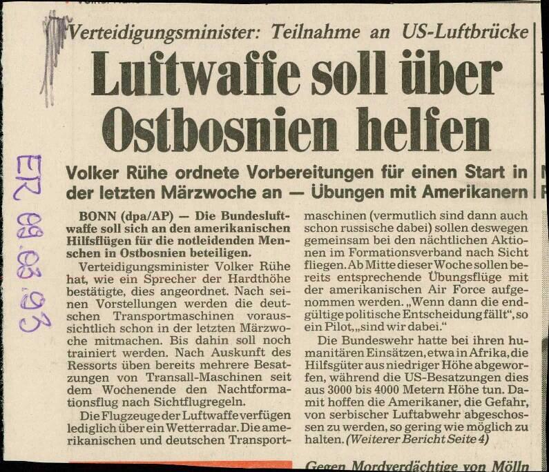 Luftwaffe soll über Ostbosnien helfen