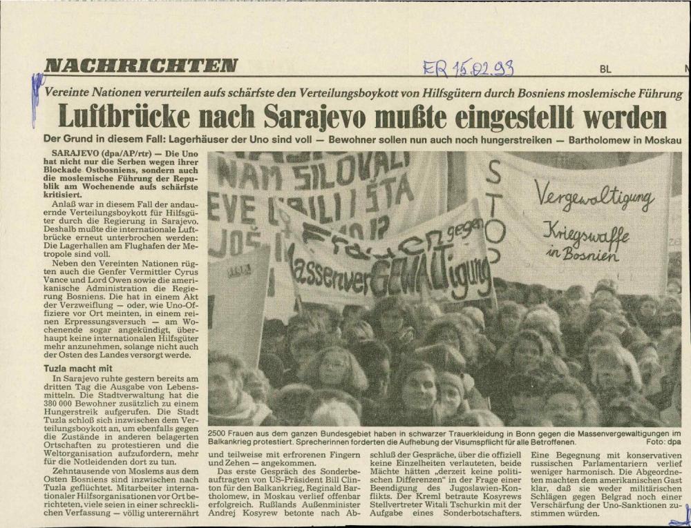 Luftbrücke nach Sarajevo mußte eingestellt werden