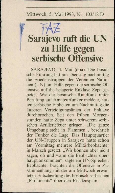 Sarajevo ruft die UN zu Hilfe gegen serbische Offensive
