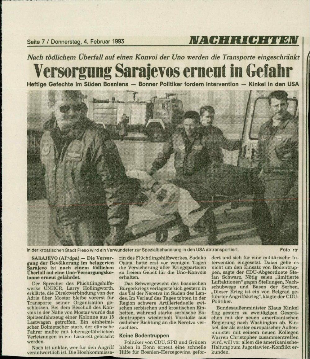 Versorgung Sarajevos erneut in Gefahr