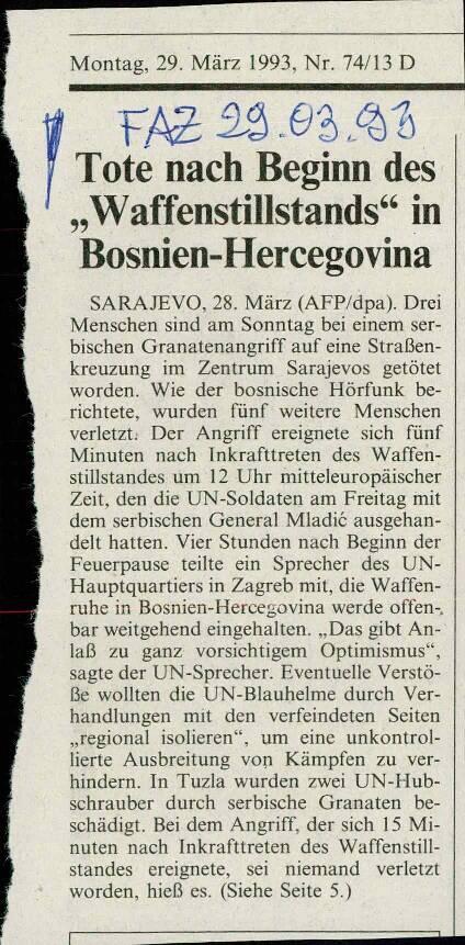 Tote nach Beginn des "Waffenstillstands" in Bosnien-Hercegovina