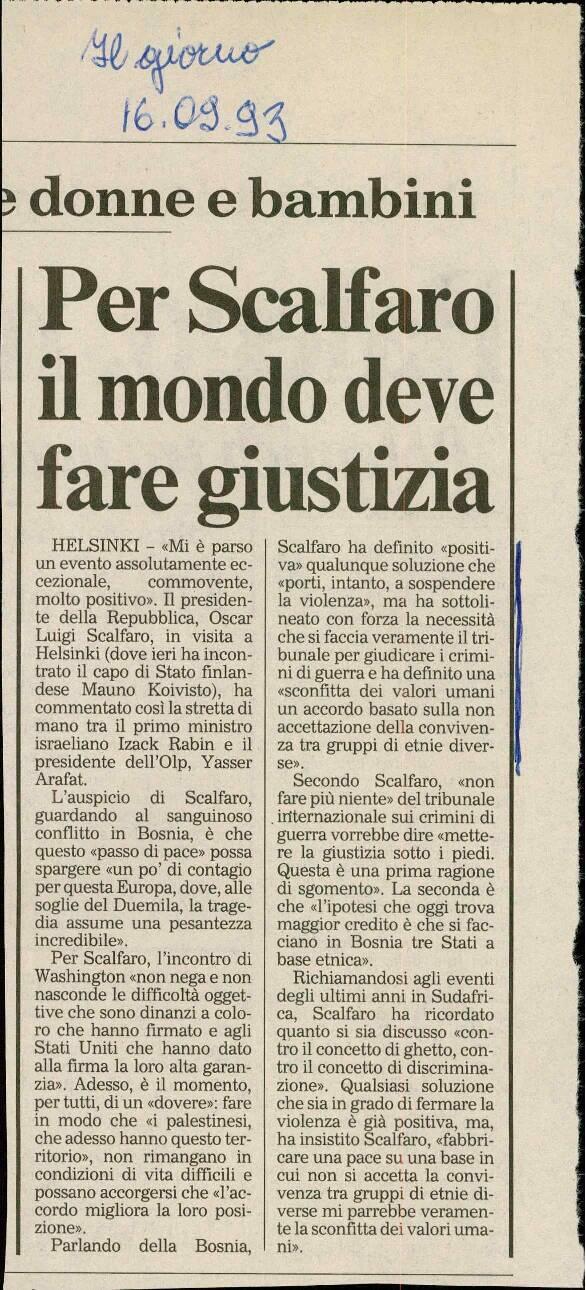 Per Scalfaro il mondo deve fare giustizia
