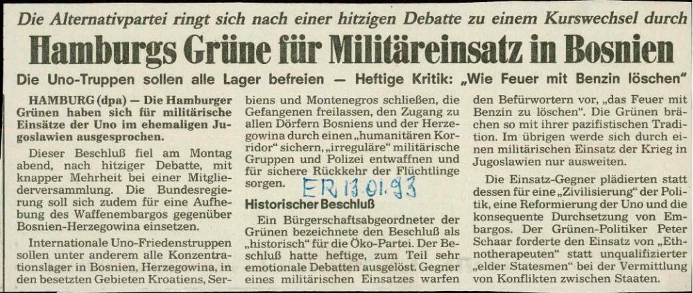 Hamburgs Grüne für Militäreinsatz in Bosnien