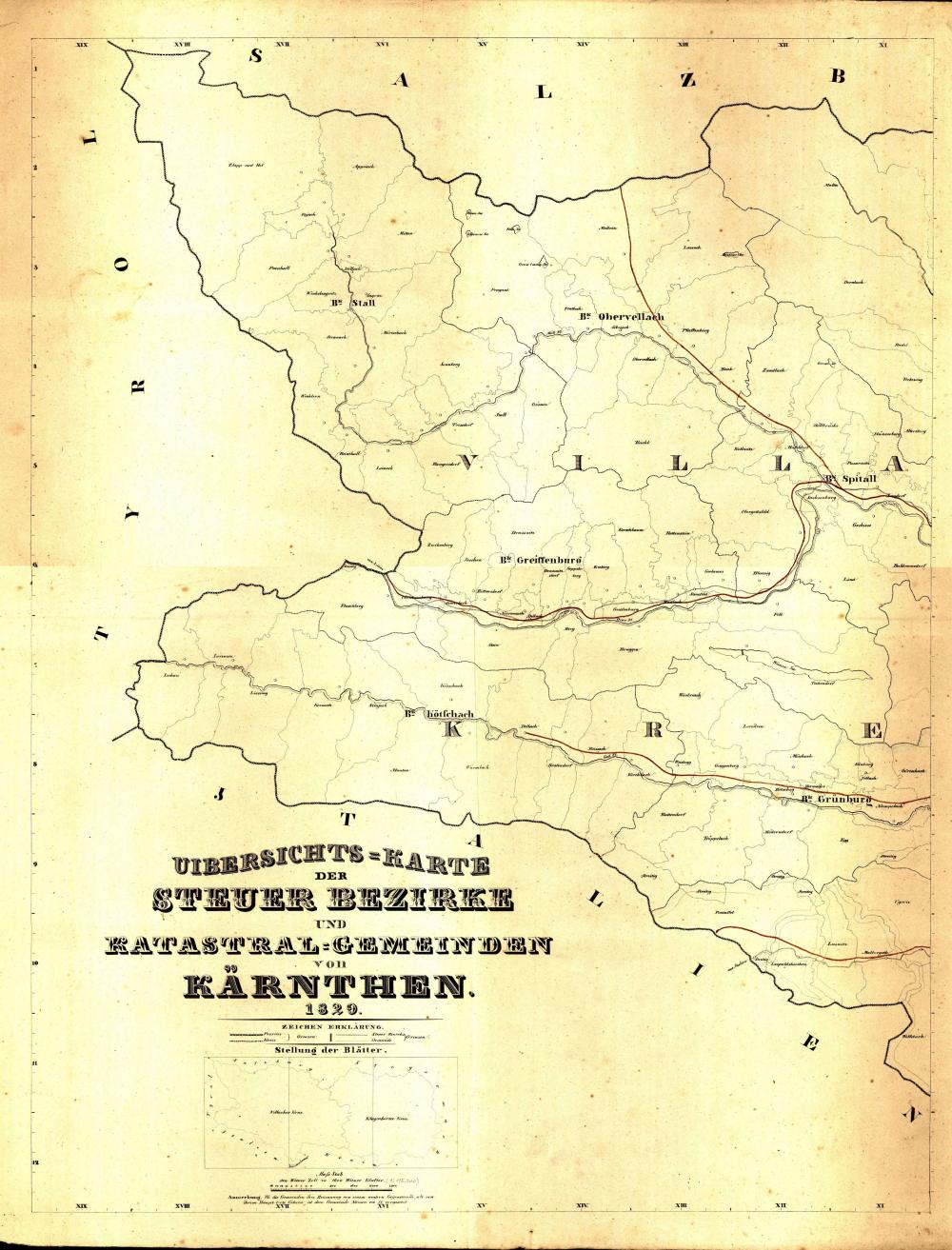 Uibersichts = Karte der Steuer Bezirke und Katastral = Gemeinden von Kärnthen: Karta 1