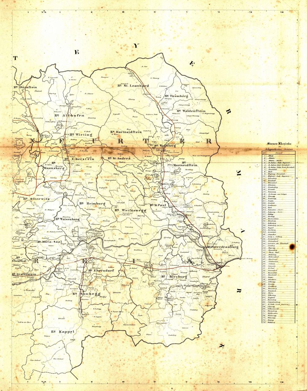 Uibersichts = Karte der Steuer Bezirke und Katastral = Gemeinden von Kärnthen: Karta 3