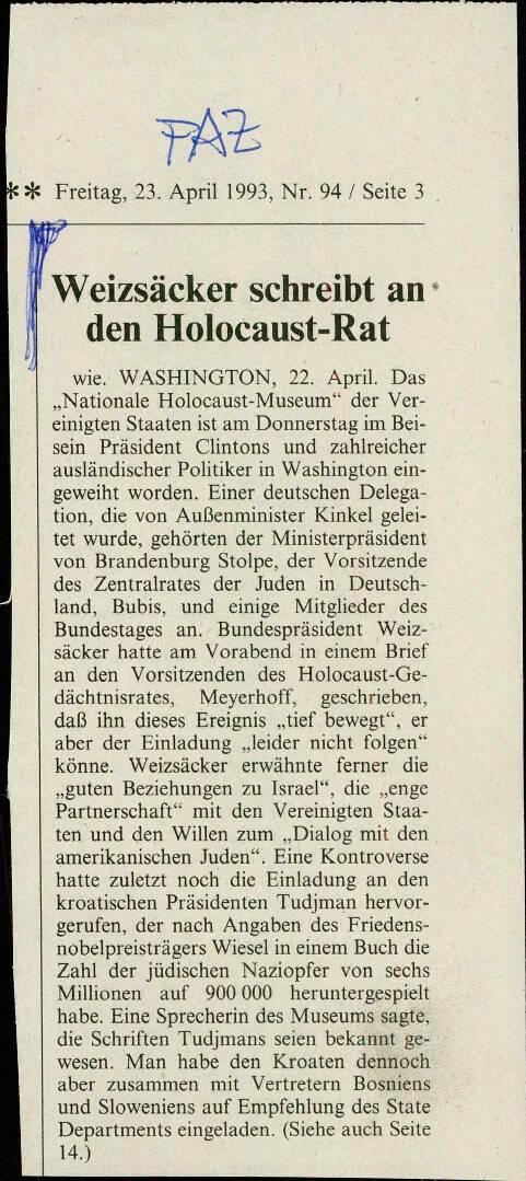 Weizsäcker schreibt an den Holocaust-Rat