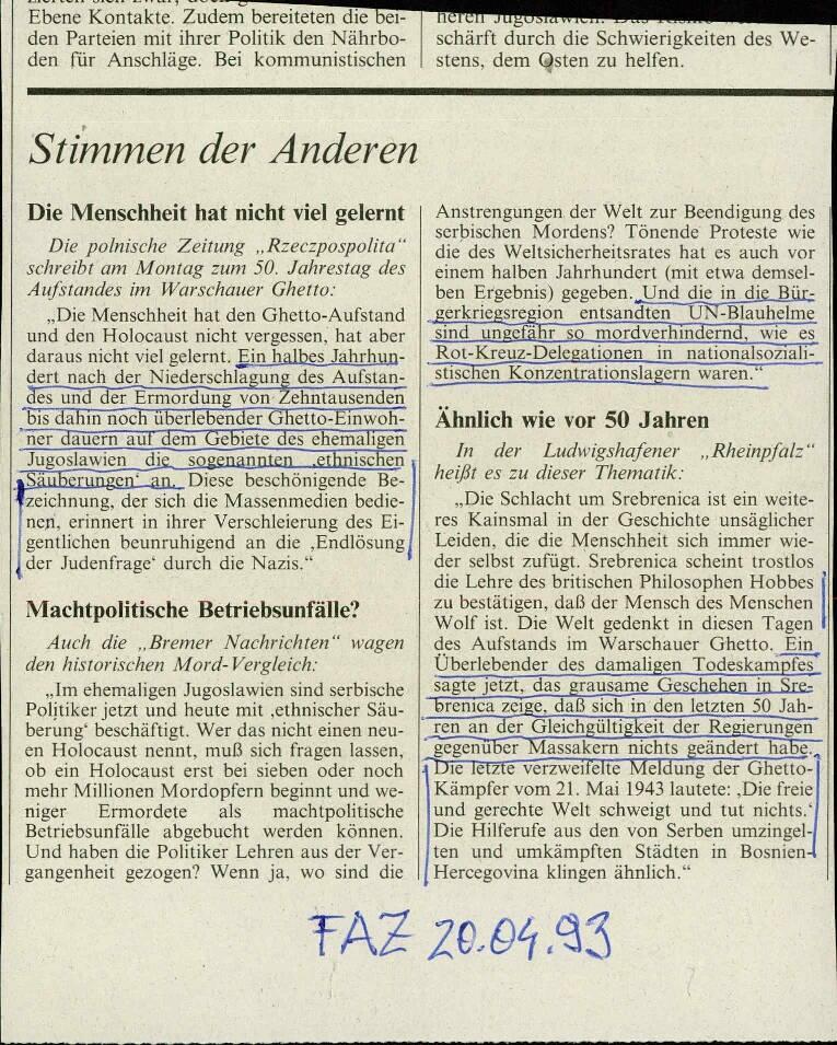 Stimmen der Anderen: Die Menschheit hat nicht viel gelernt; Machtpolitische Betriebsunfälle?; Ähnlich wie vor 50 Jahren