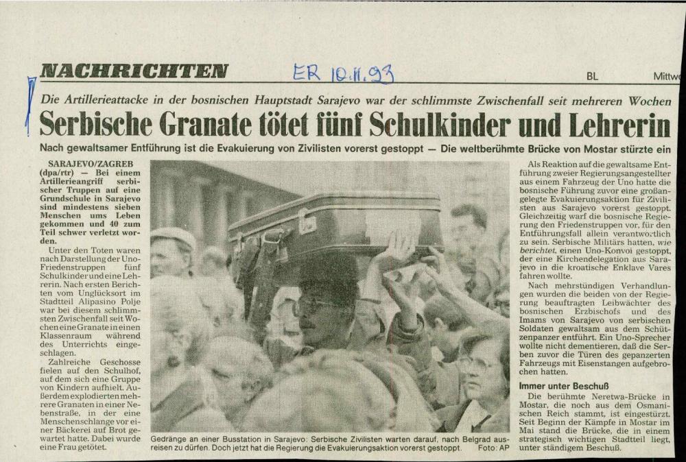 Serbische Granate tötet fünf Schulkinder und Lehrerin