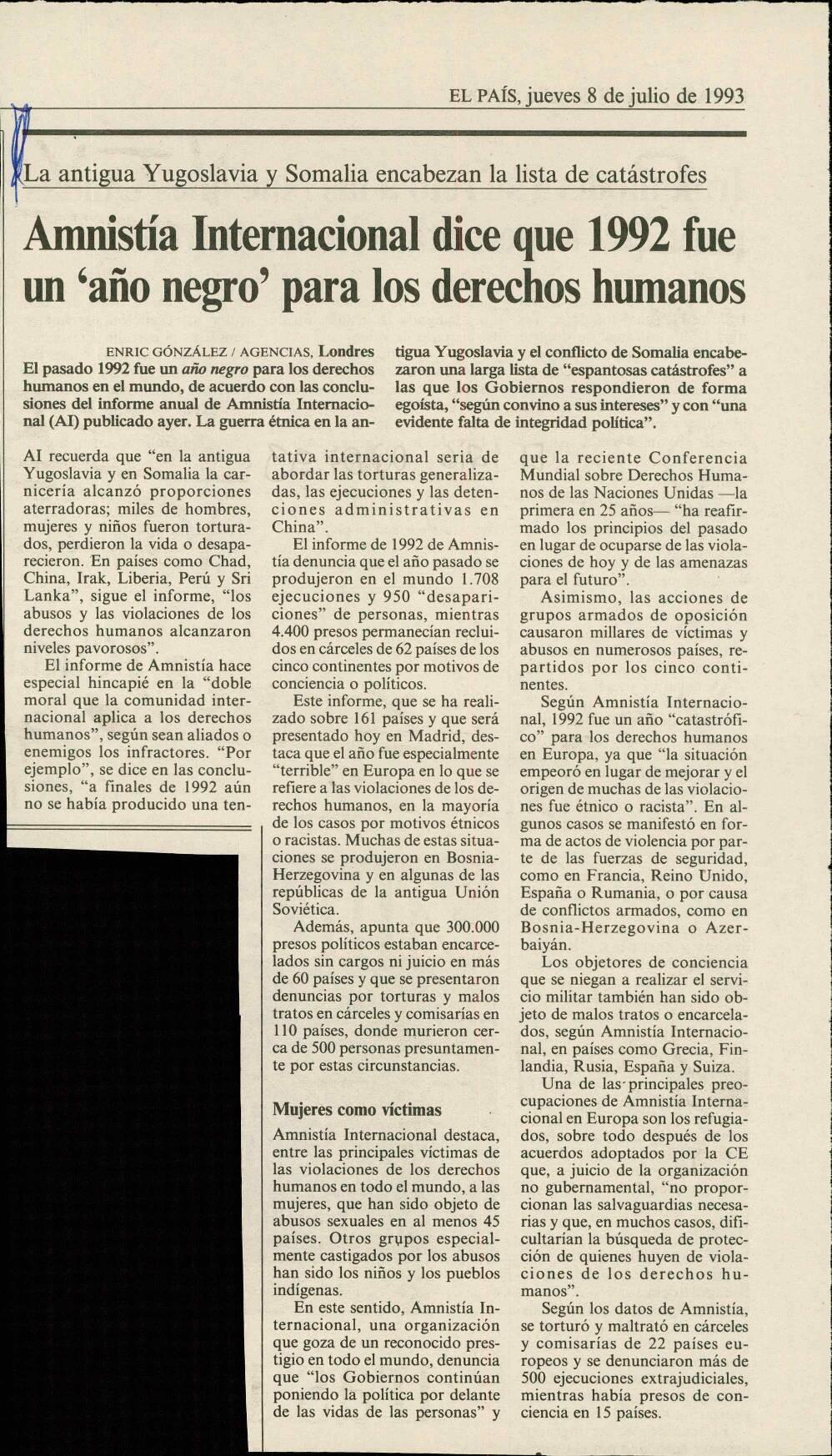 Amnistía Internadonal dice que 1992 fue  un "año negro" para los derechos humanos