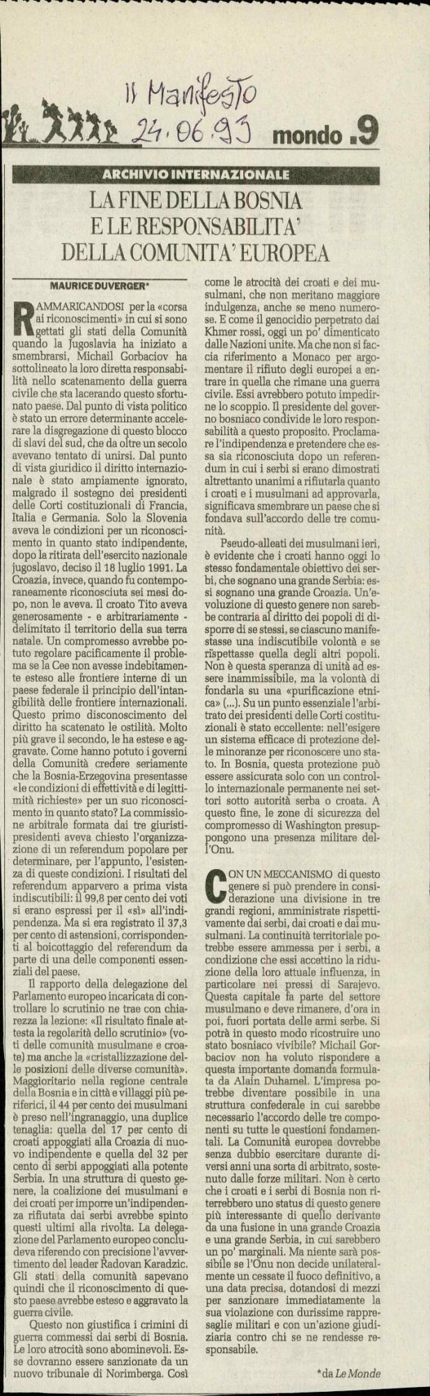 La fine della Bosnia e le responsabilità della Comunità Europea