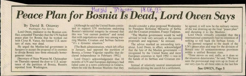 Peace Plan for Bosnia Is Dead, Lord Owen... - nosilna