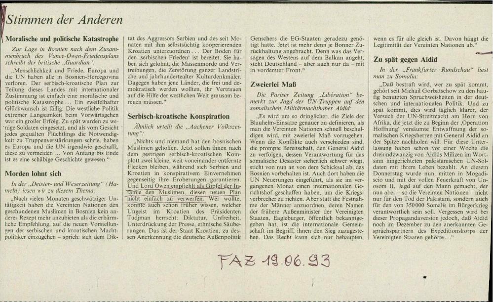 Stimmen der Anderen: Moralische und politische Katastrophe; Morden lohnt sich; Serbisch-kroatische Konspiration; Zweierlei Maß