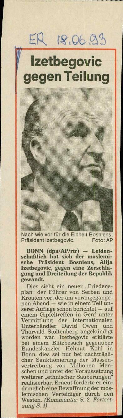 Izetbegovic gegen Teilung