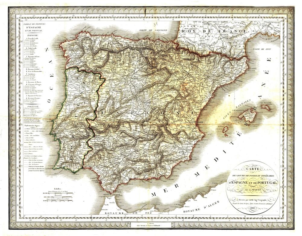Carte des routes de postes et itinéraires d' Espagne et de Portugal