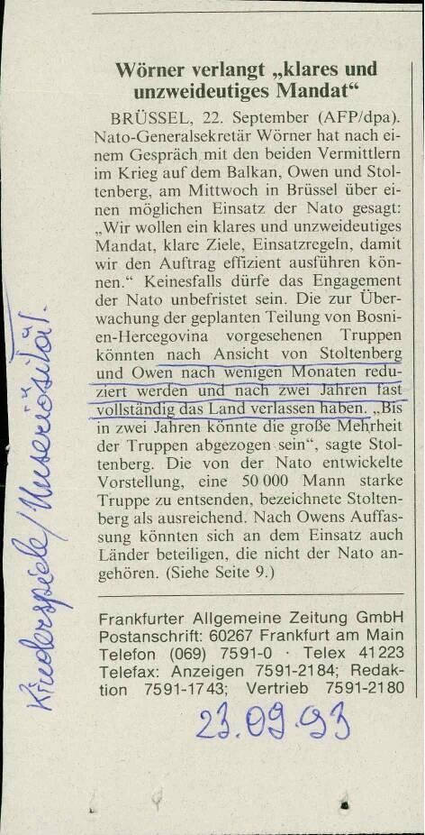 Wörner verlangt „klares und unzweideutiges Mandat"