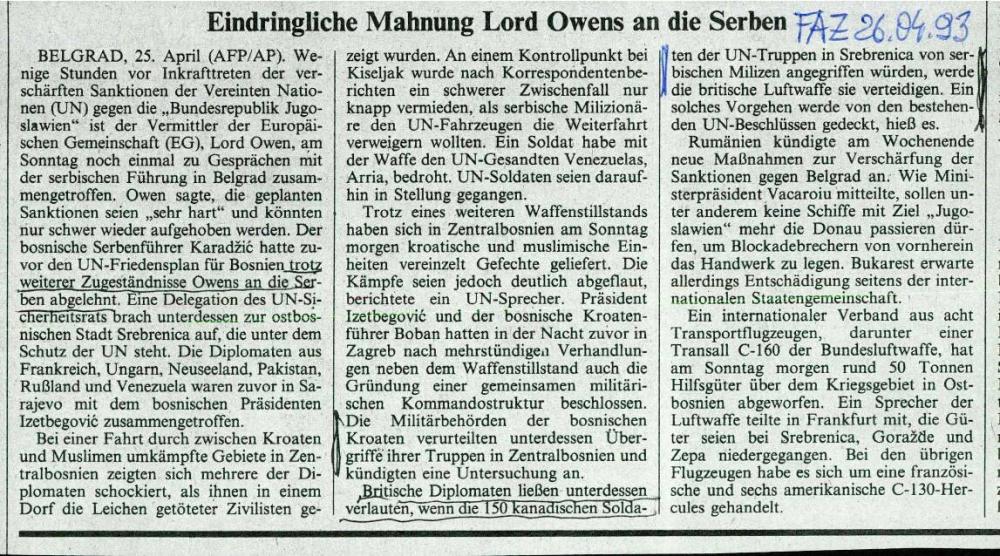 Eindringliche Mahnung Lord Owens an die Serben